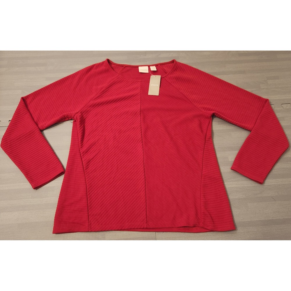 Chico's Red Textured Rib Knit Long Sleeve Top Size 1 Raglan Seam Detail